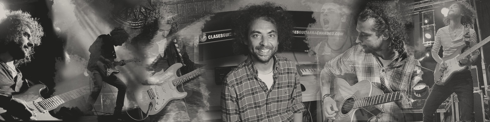 Fotomontaje de varias fotografías de Chandru Chatlani tocando la guitarra y en su estudio donde imparte las clases.